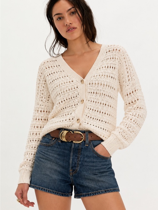 Lily Morgan Sweaters - 222. Cream Open-Knit V-Neck Button Cardigan Sweater